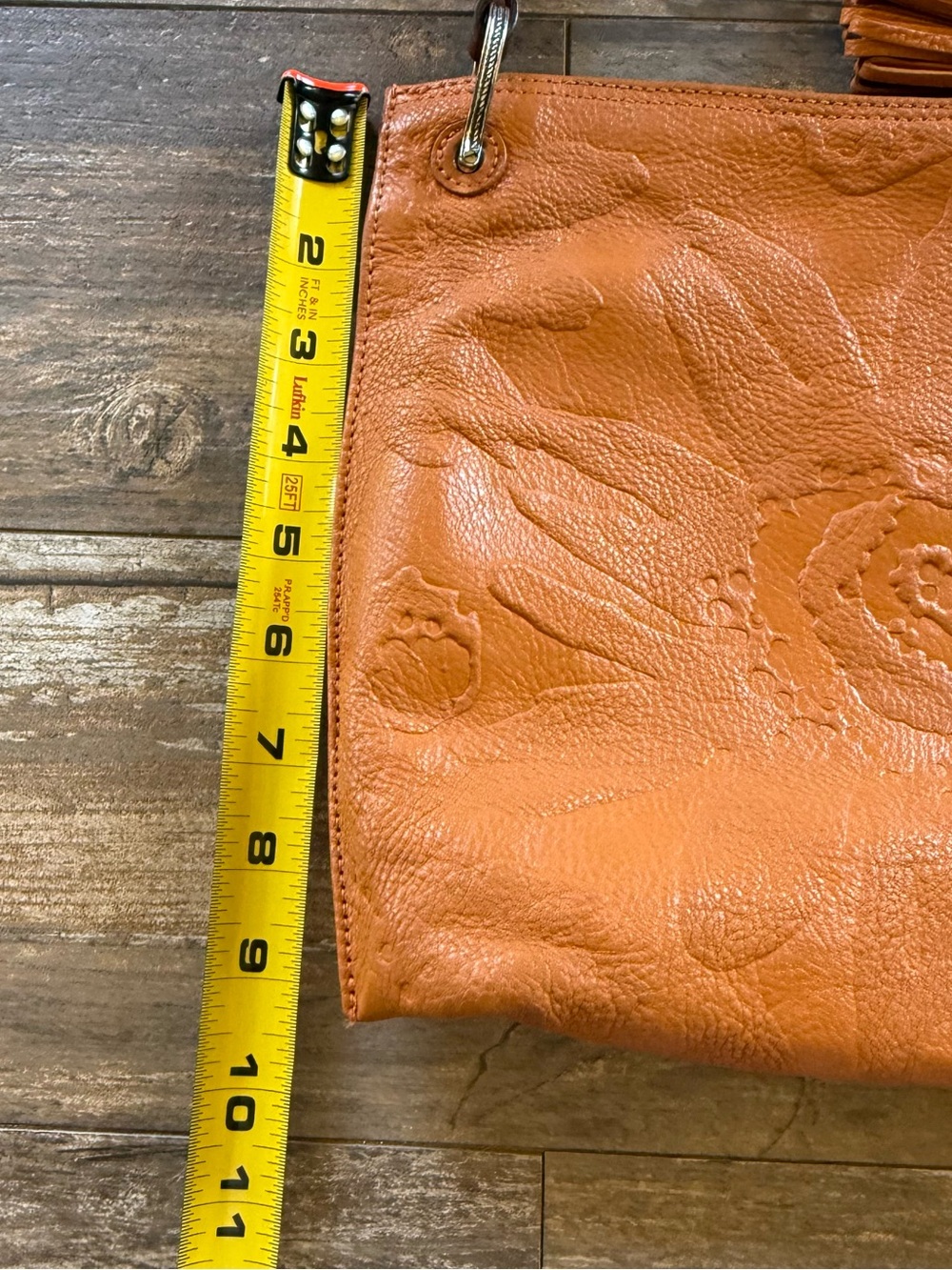 Brighton Piper Slim Embossed Leather Shoulder Purse Bag w Tassel, Orange and Tan - Picture 11 of 13